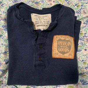 Vtg Johnson Motors Inc. Waffle Henley Motorcycle LS Shirt Navy